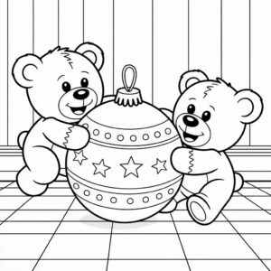 Dos osos navideños con una gran bola navideña para colorear