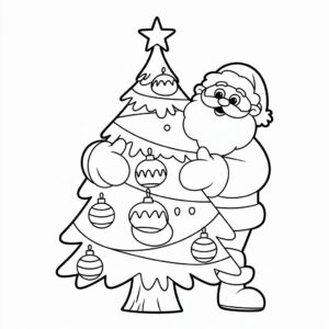 Dibujo para colorear: árbol de Navidad decorado con Papá Noel