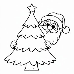 Papá Noel escondido detrás del árbol: página para colorear