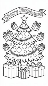 Páginas para colorear: regalos voladores alrededor del árbol de Navidad