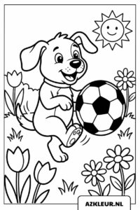 Perro juega con una página para colorear de fútbol.jpg