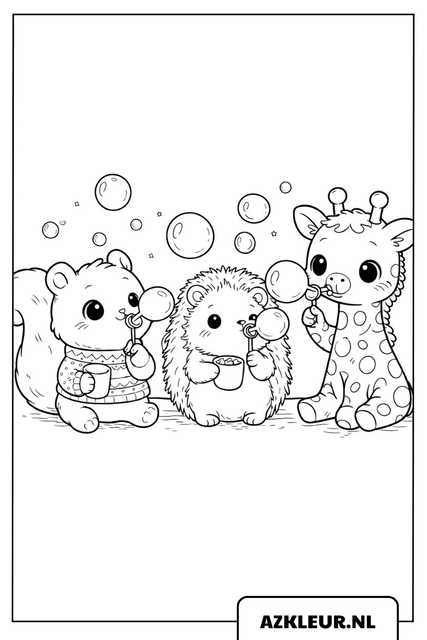 Dibujo para colorear: oso, erizo y jirafa que soplan burbujas