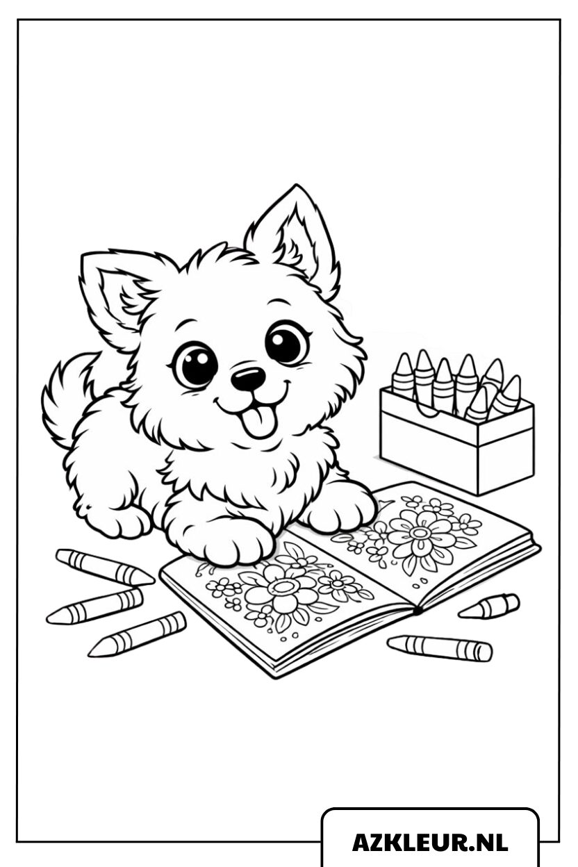 Página para colorear de un perro con lápices de colores