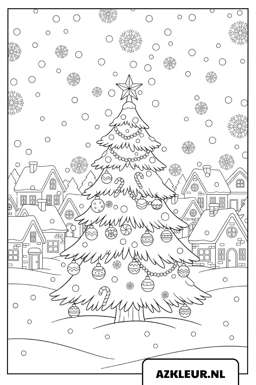 Descarga gratis: página para colorear de un árbol de Navidad en un pueblo navideño nevado