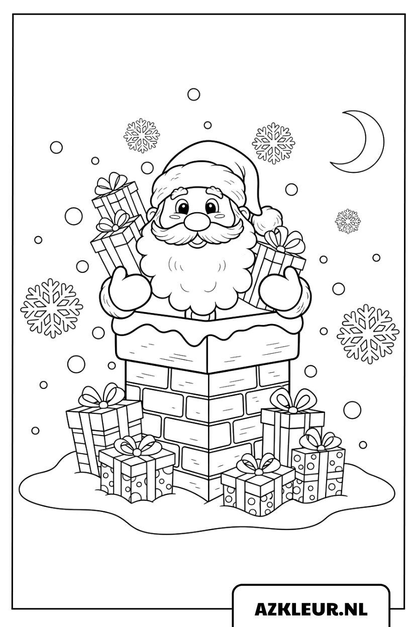 Dibujo para colorear de Papá Noel en la chimenea con regalos