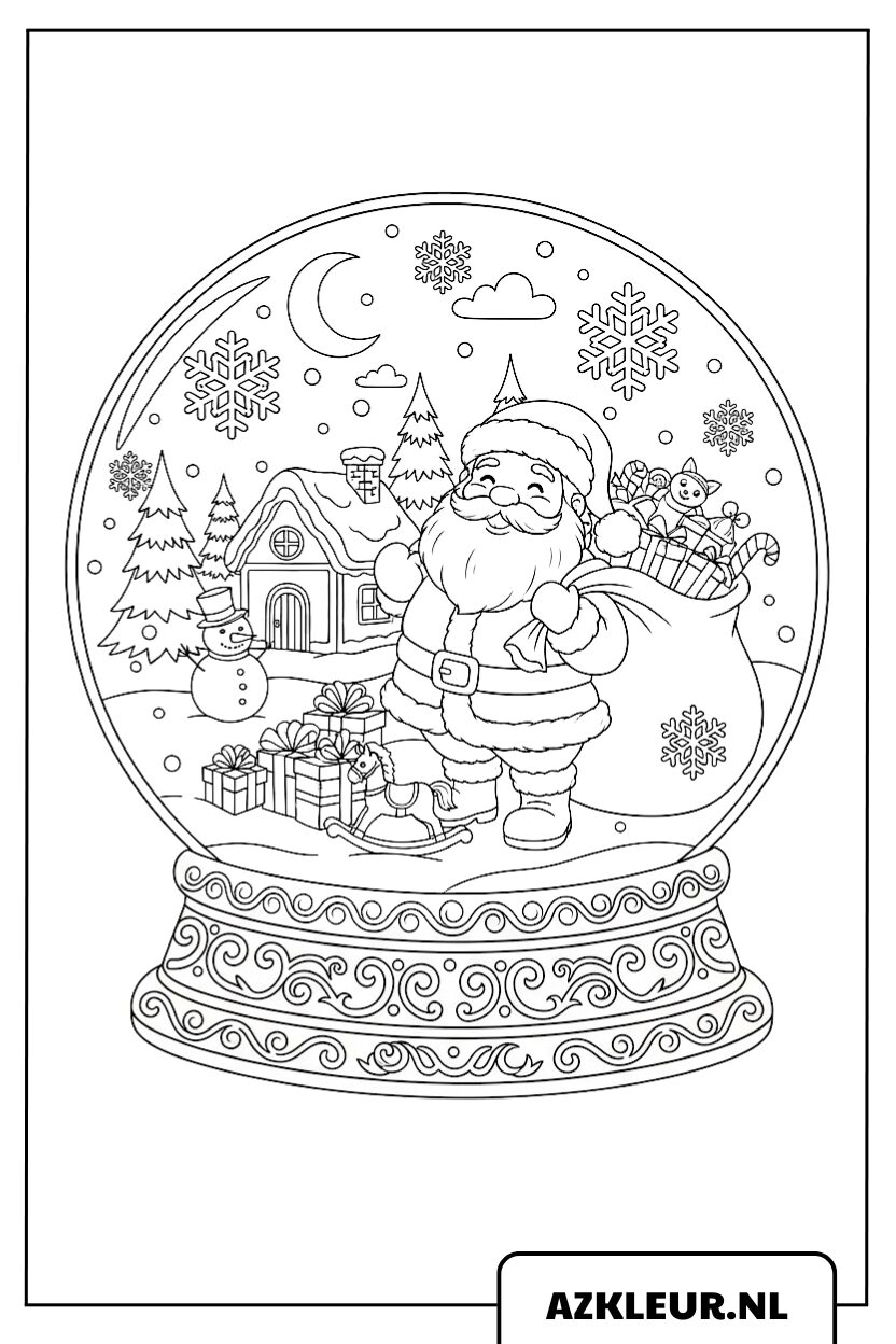 Página para colorear Papá Noel en una bola de nieve mágica