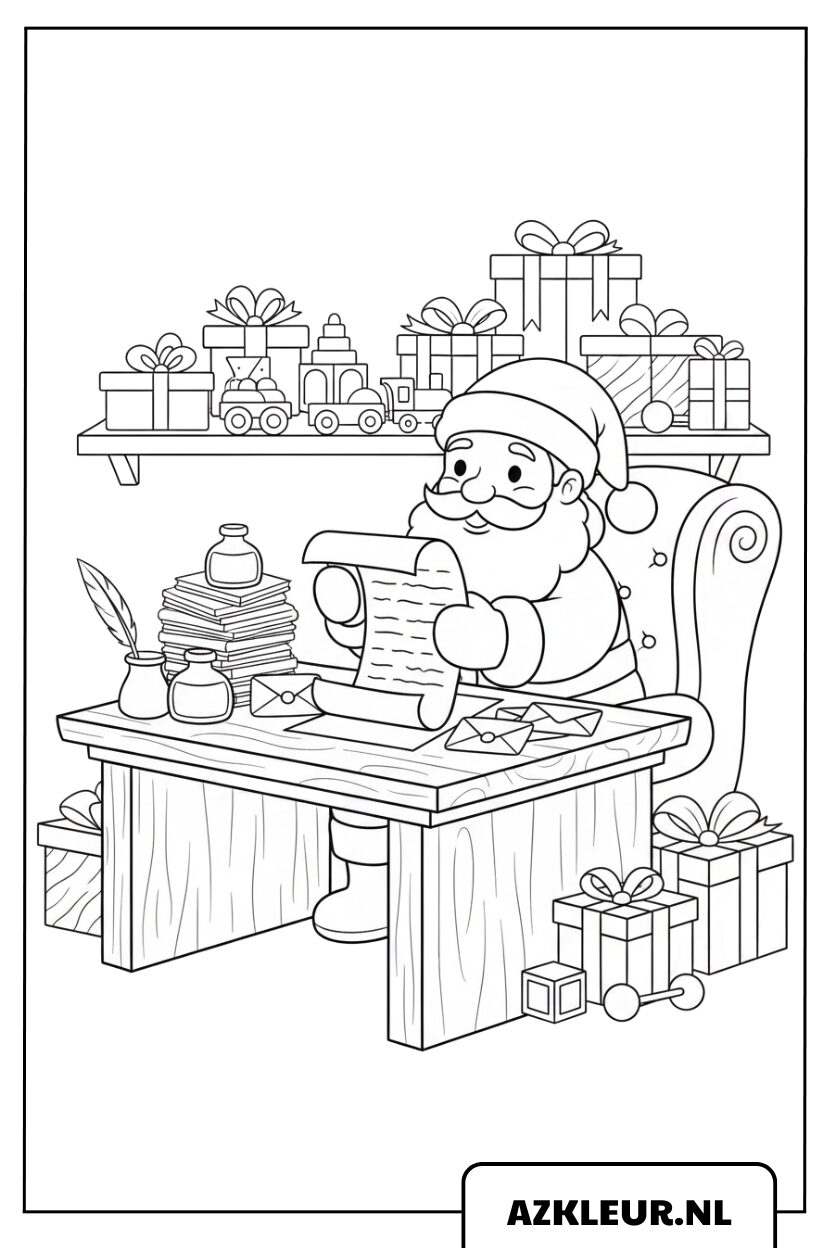 Página para colorear: Kerstman lee cartas de Navidad