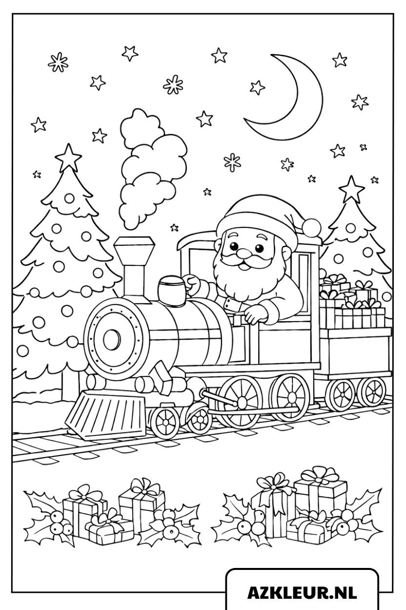 Página para colorear: Papá Noel viaja en el tren de Navidad
