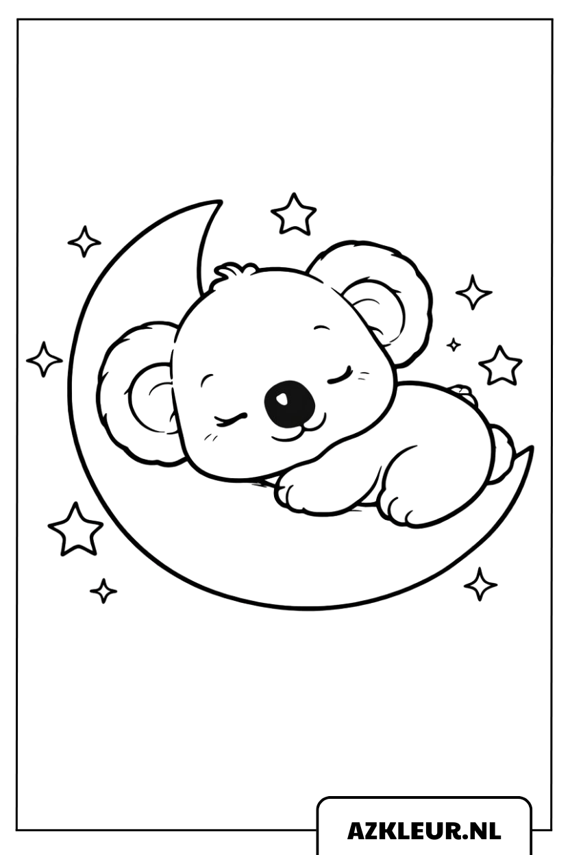 Página para colorear: koala durmiendo en la Luna — Descárgala ya