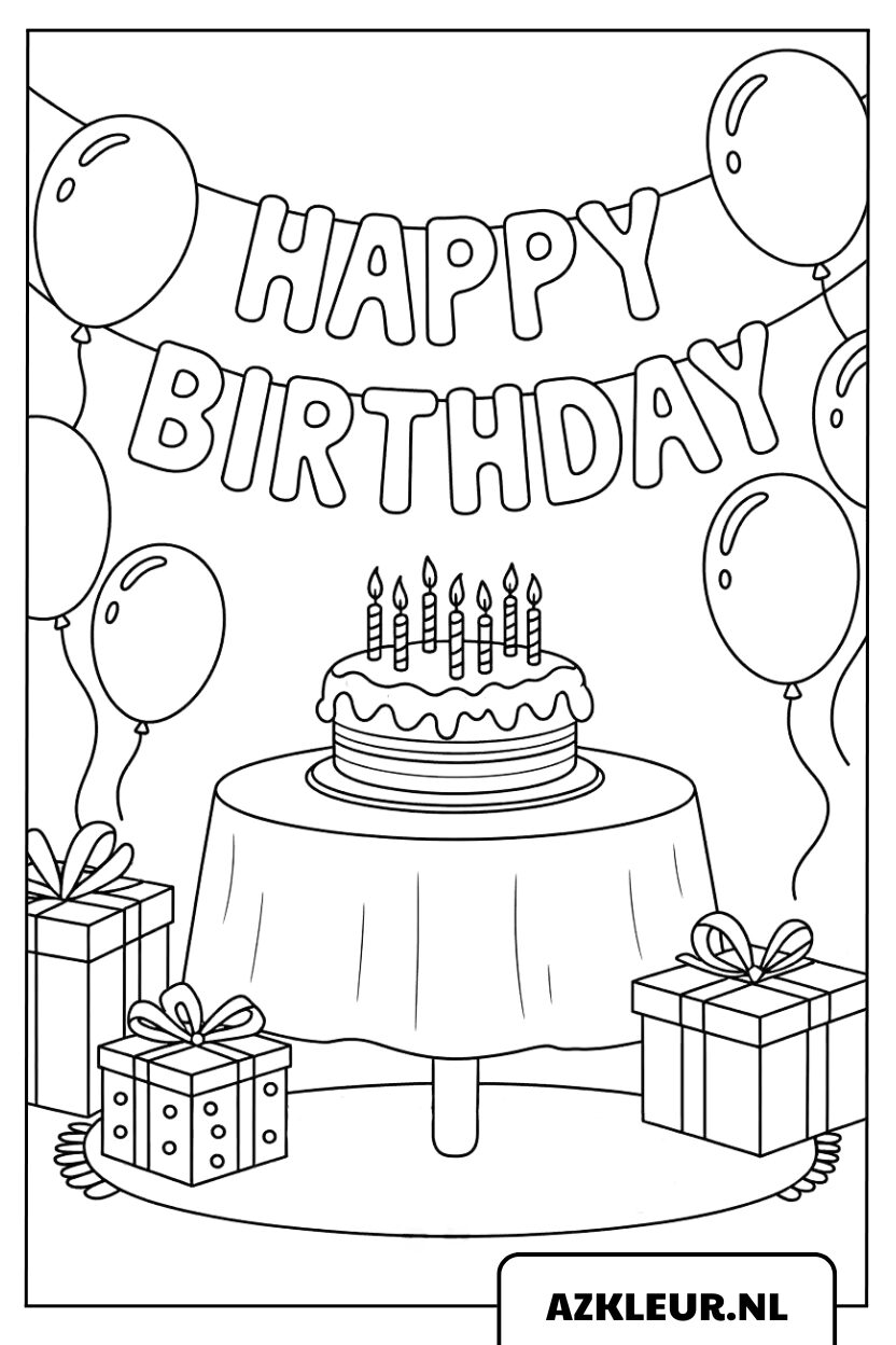 Página para colorear de cumpleaños con pastel, globos y guirnaldas