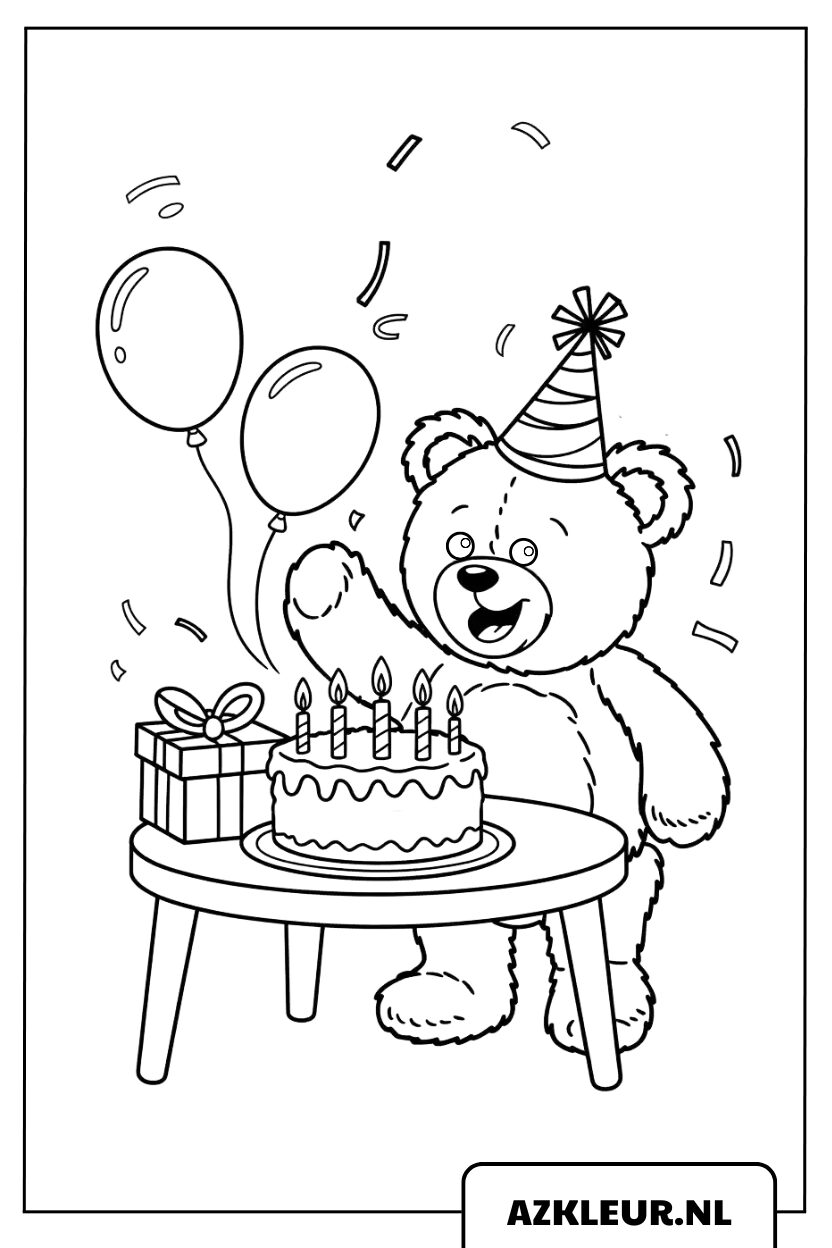 Página para colorear: oso cumpleañero con sombrero de fiesta y regalos