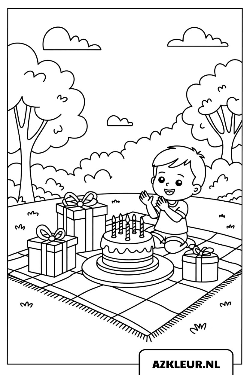 Descarga gratis: página para colorear de un niño que celebra su cumpleaños con un picnic en el parque.