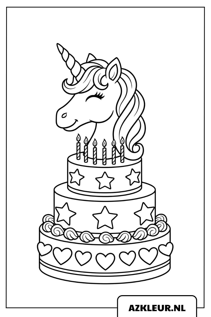 Página para colorear: unicornio mágico, pastel de cumpleaños con corazones