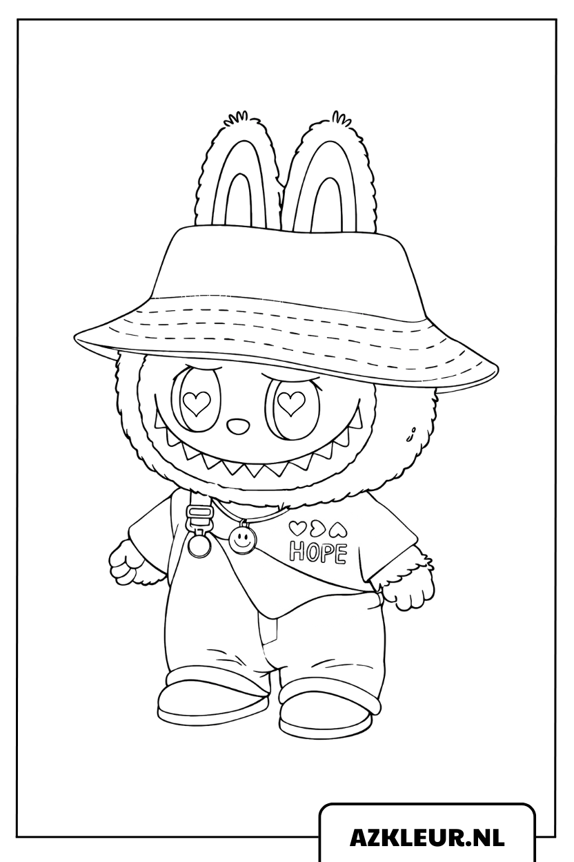 Página para colorear de Labubu con un sombrero de sol, un overol y ojos con forma de corazones.