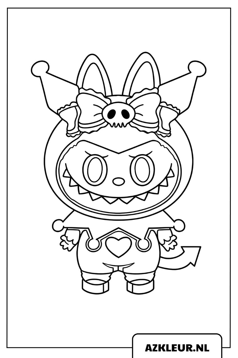 Página para colorear de Labubu disfrazado como Kuromi, con un lazo de calavera y cola de diablo