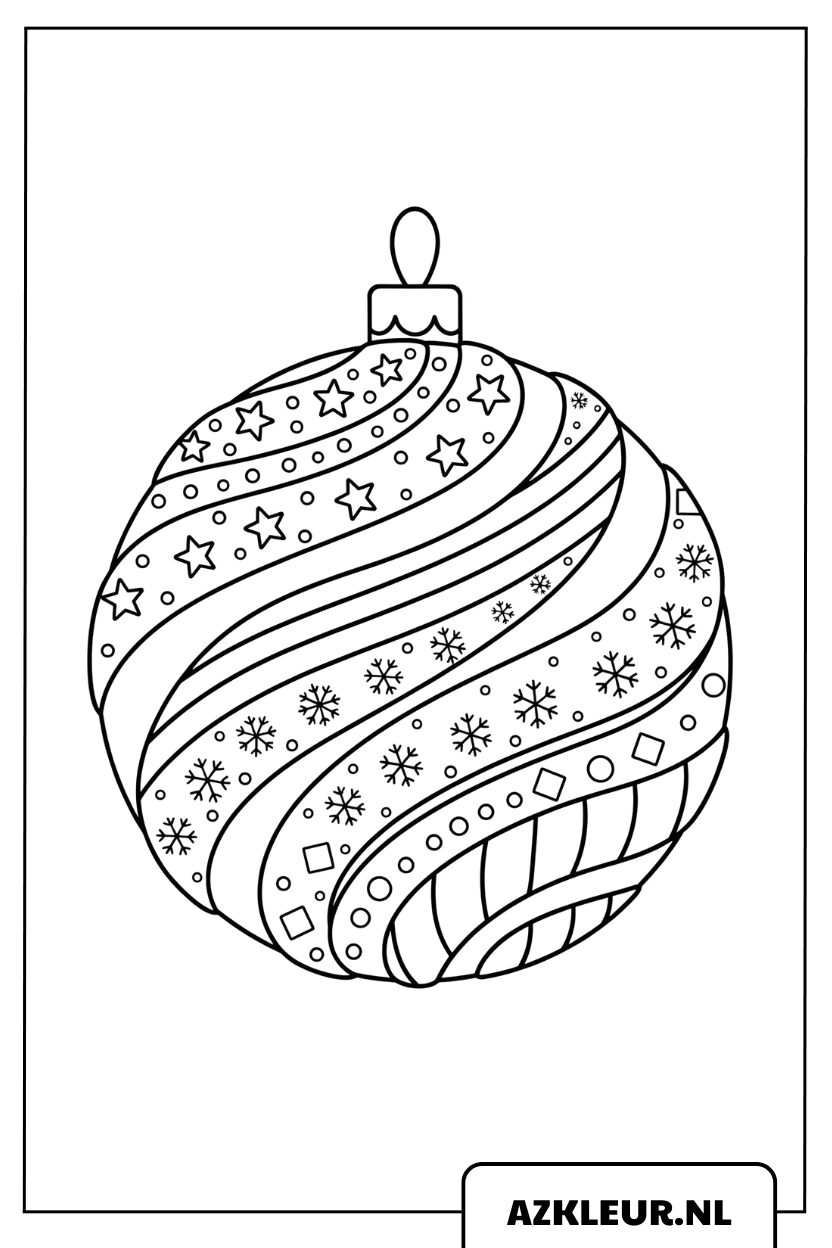 Página para colorear de una bola de Navidad con líneas onduladas, estrellas y copos de nieve