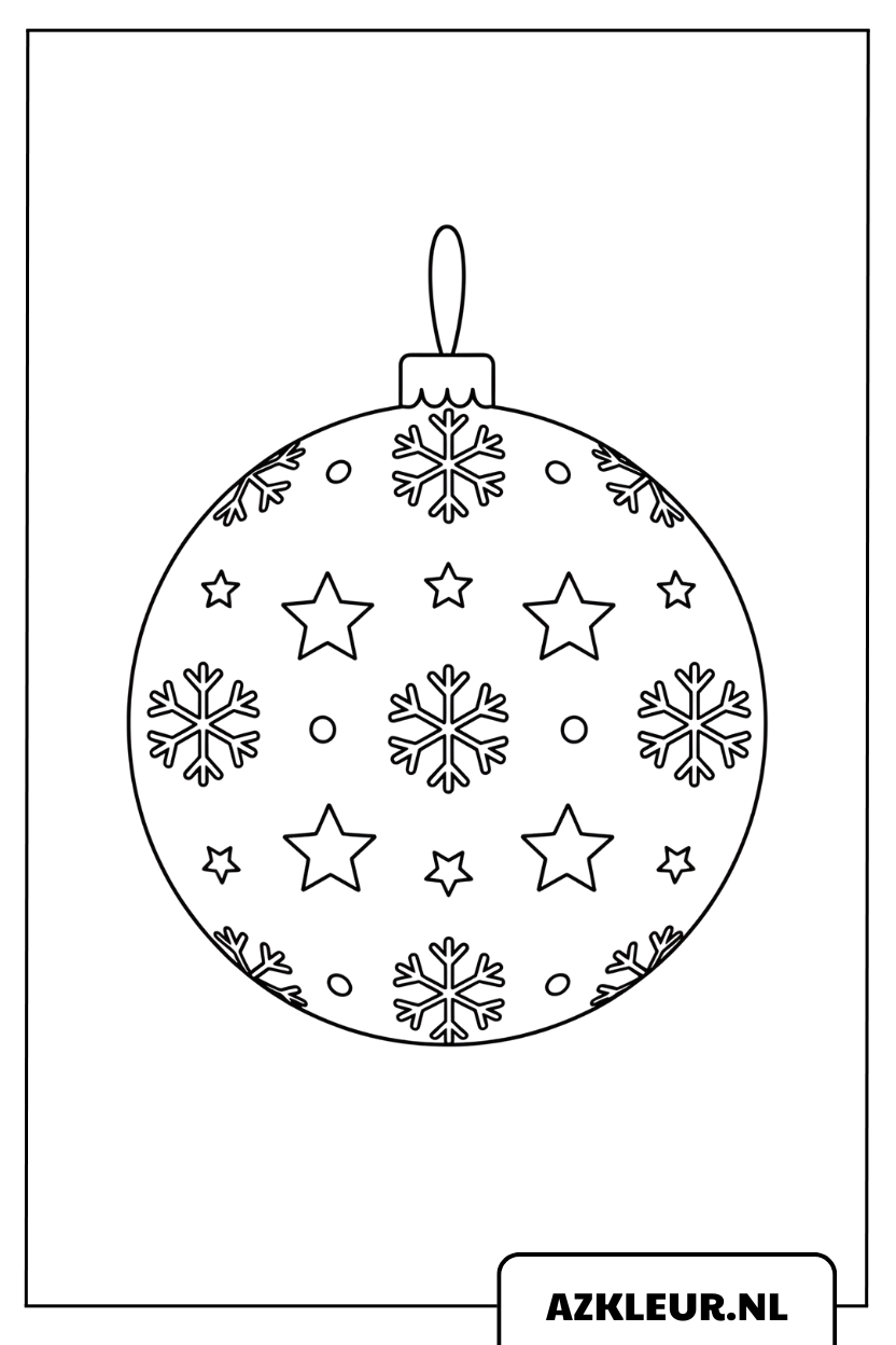 Página para colorear de una bola de Navidad con grandes copos de nieve y estrellitas