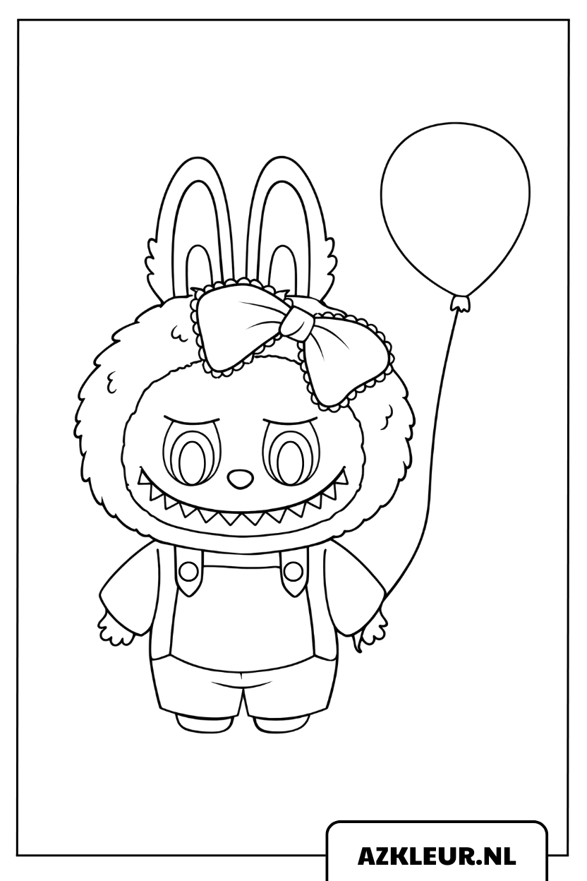 Página para colorear de una Labubu adorable con un lazo y un globo