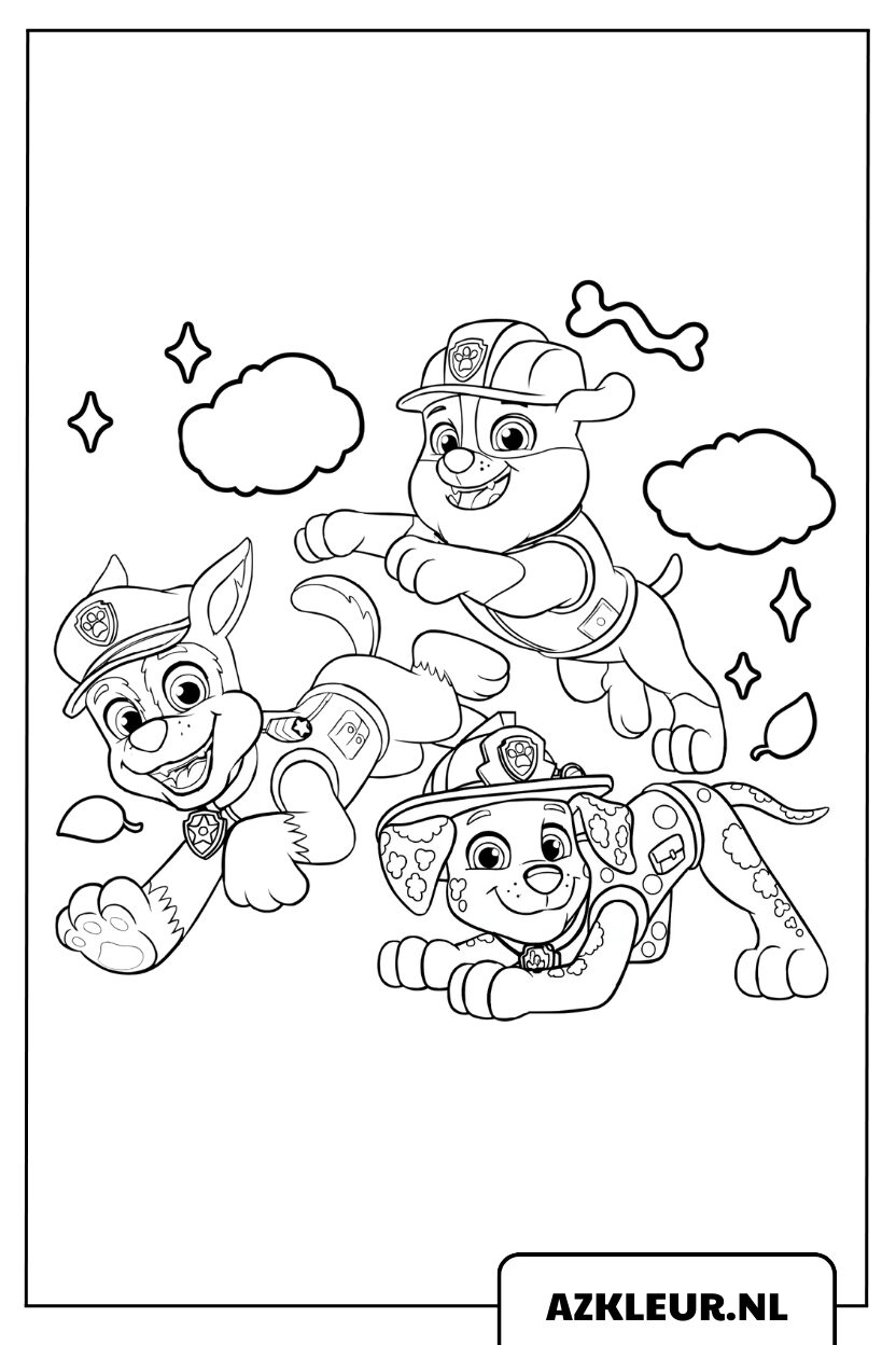 Paw Patrol: página para colorear de Chase, Marshall, Rubble y Skye en acción