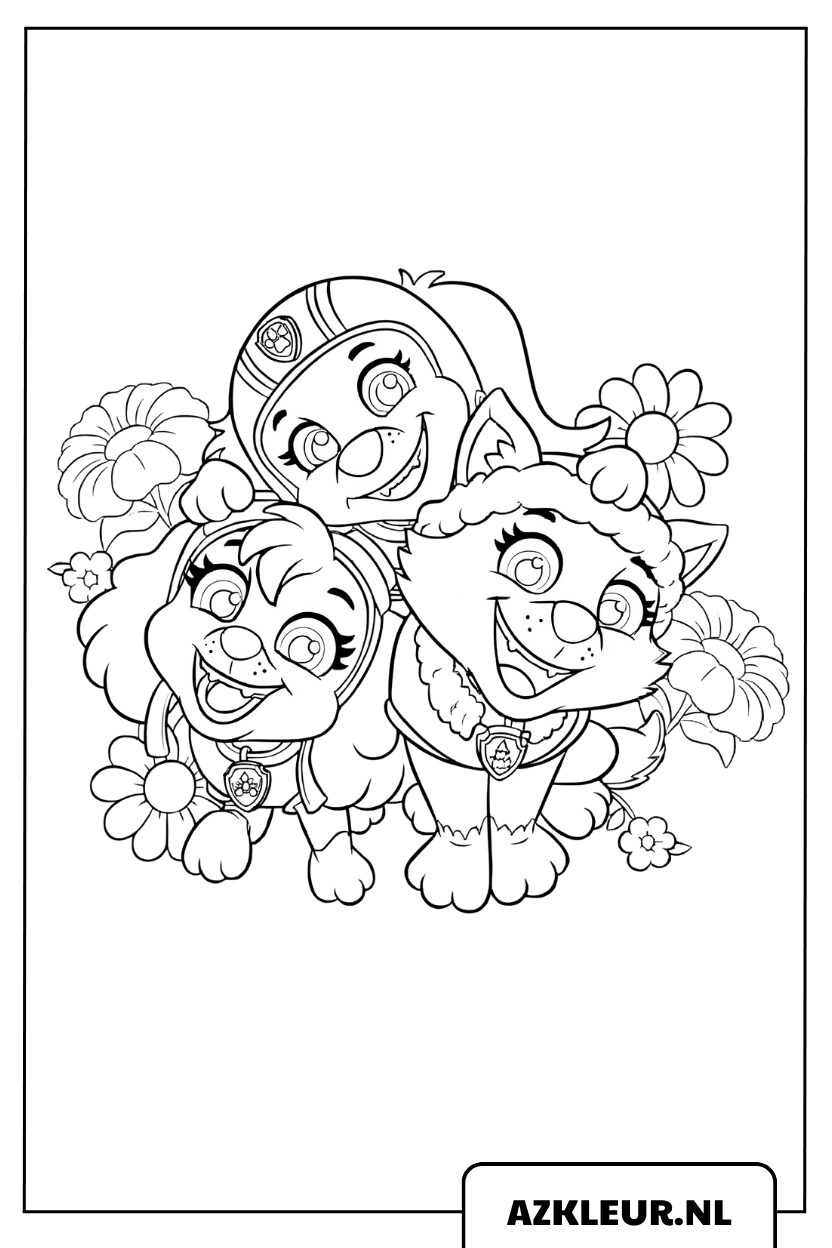 Paw Patrol: página para colorear de Marshall, Skye y Chase, felices entre flores