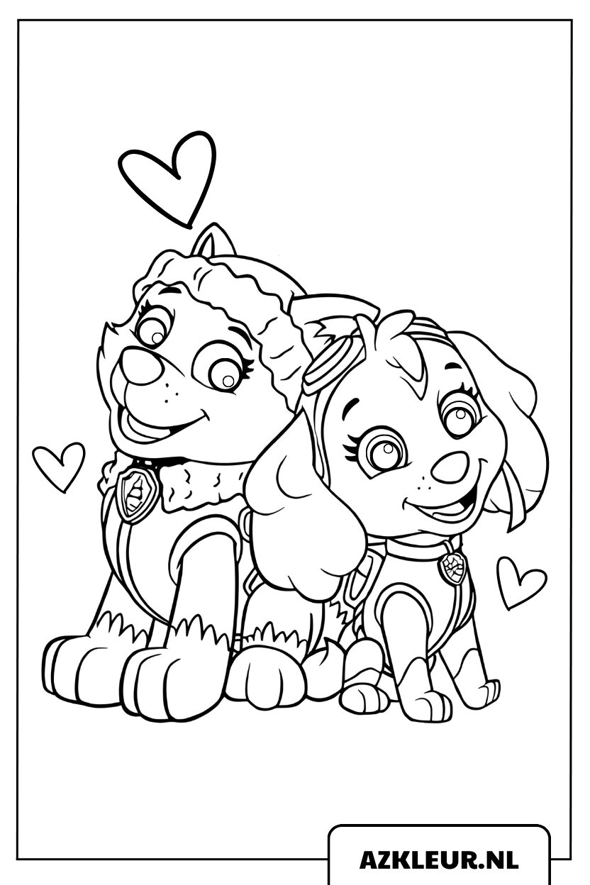 Paw Patrol página para colorear: Skye y Everest abrazándose, ¡lindo!